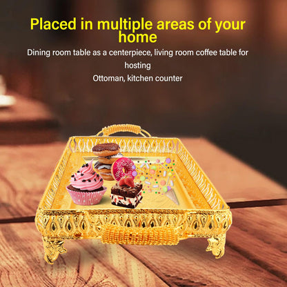 Decorative Serving Tray, Gold European Style Metal Serving Tray with Handles, Coffee Tea Beverage Serving Rectangle Tray, Cake Platter Serving Trays Food Platter Jewelry Tray