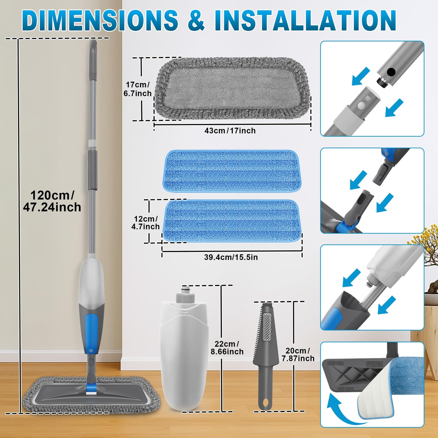 BPAWA Spray Mops for Floor Cleaning - Microfiber Wet Dry Dust Mop for Hardwood Laminate Wood Tile Vinyl Floors with 3 Washable Pads fit for Swiffer PowerMop
