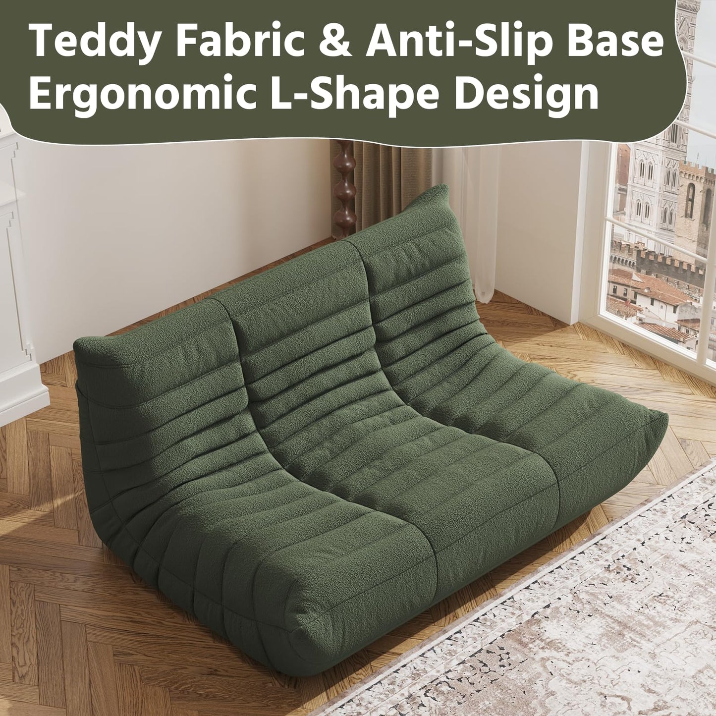 Comfy Memory Foam Loveseat Bean Bag Chair for Adults - Teddy Fleece Fireside Accent Chair for Reading, Lazy Floor Sofa Couch Boneless Chaise Lounge for Living Room Bedroom Home Theater, 2 Seater
