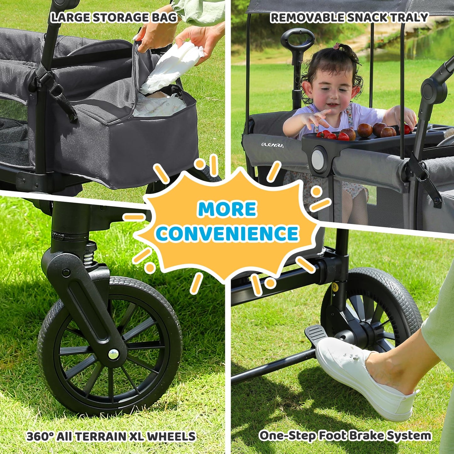 ELEMARA Foldable Wagon Stroller, Stroller Wagon for 2 Kids, Premium All Terrain Wagon for Kids with Removable Canopy, Adjustable Push/Pull Handle, Harnesses, Large Storage Bag, Gray