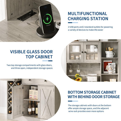 IDEALHOUSE 72 Inch Tall Kitchen Pantry Cabinet with Power Outlet - Wine Bottle Rack, Barn Doors, Ample Storage, Modern Sideboard Buffet for Dining Room, Kitchen, or Home Bar