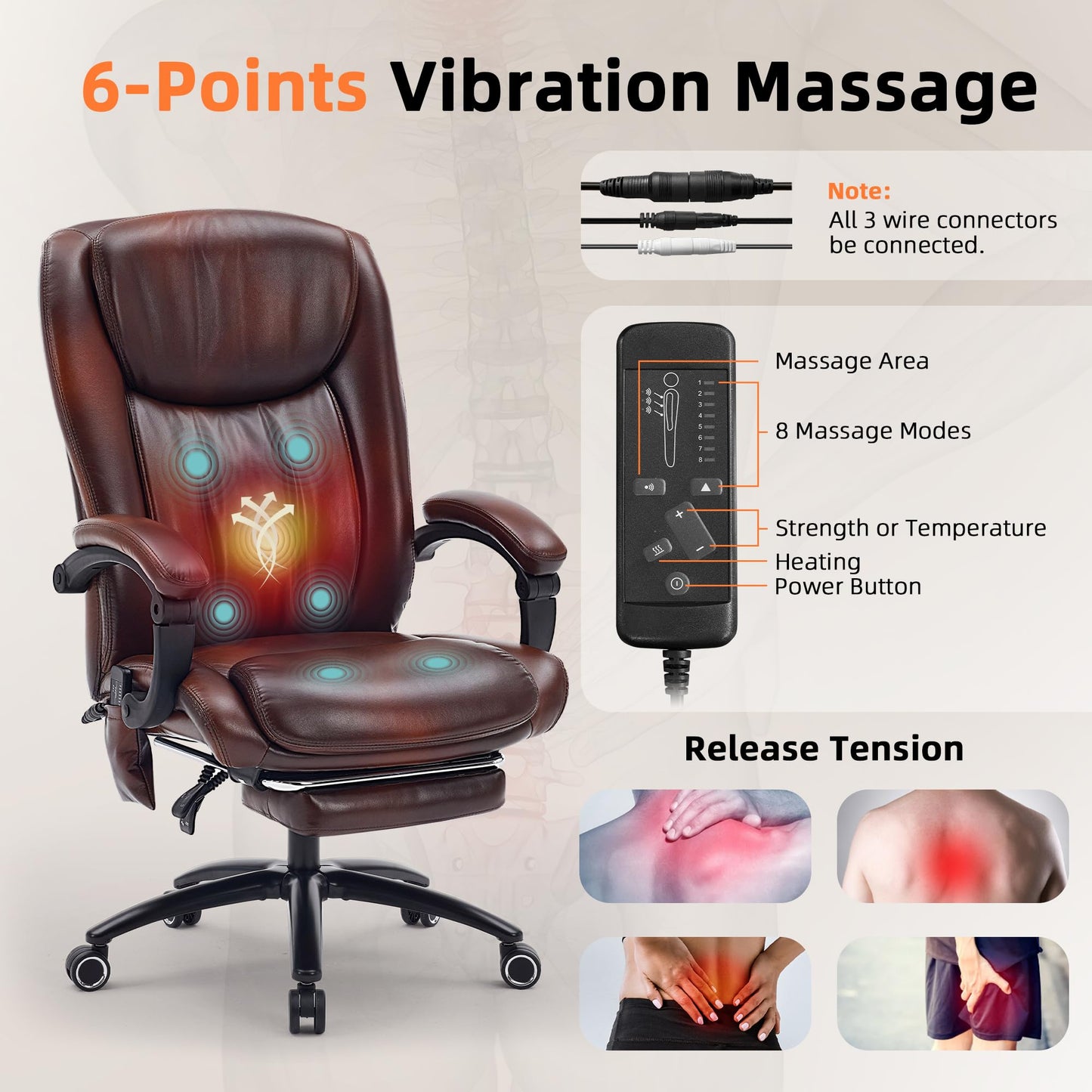 Fmolat High Back Massage Executive Chair, PU Leather, Big & Tall, Vibration Massage & Heating,95-135° Recline with Footrest, Ergonomic Office Chair for Home & Gaming,Brown