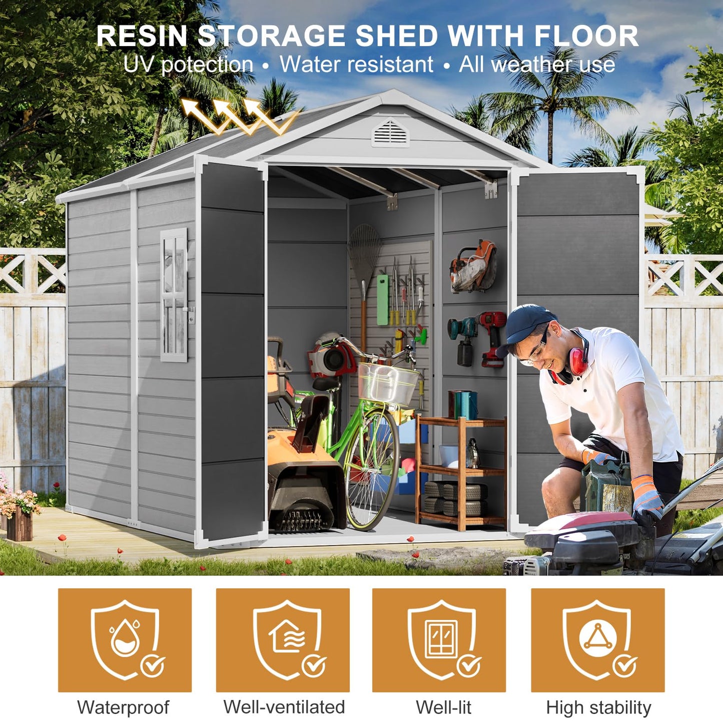 Resin Storage Shed with Floor 8 x 6 FT Waterproof Plastic Outdoor Garden Sheds Kit with Lockable Door & Windows,Patio Tool Shed for Backyard Lawn, Gray