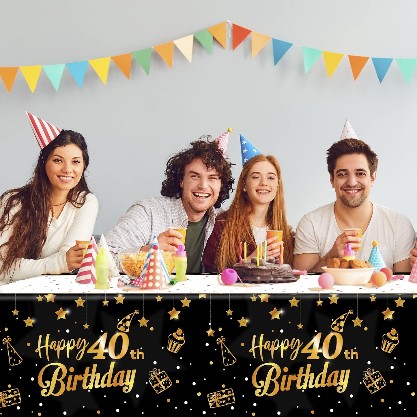 Ruisita 2 Pack Black Gold Table Cloth Cover Happy 40th Birthday Tablecloth Party Tablecloths Rectangular Table Cloth Cover for Indoor or Outdoor Parties Birthdays