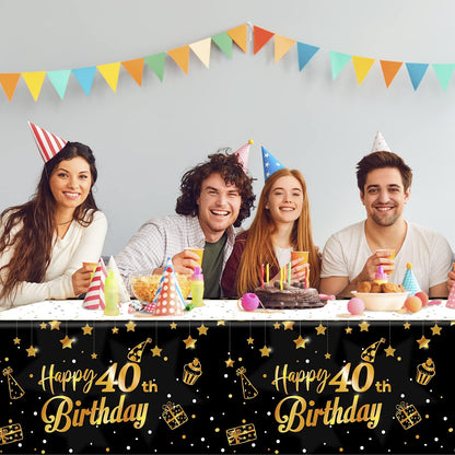 Ruisita 2 Pack Black Gold Table Cloth Cover Happy 40th Birthday Tablecloth Party Tablecloths Rectangular Table Cloth Cover for Indoor or Outdoor Parties Birthdays