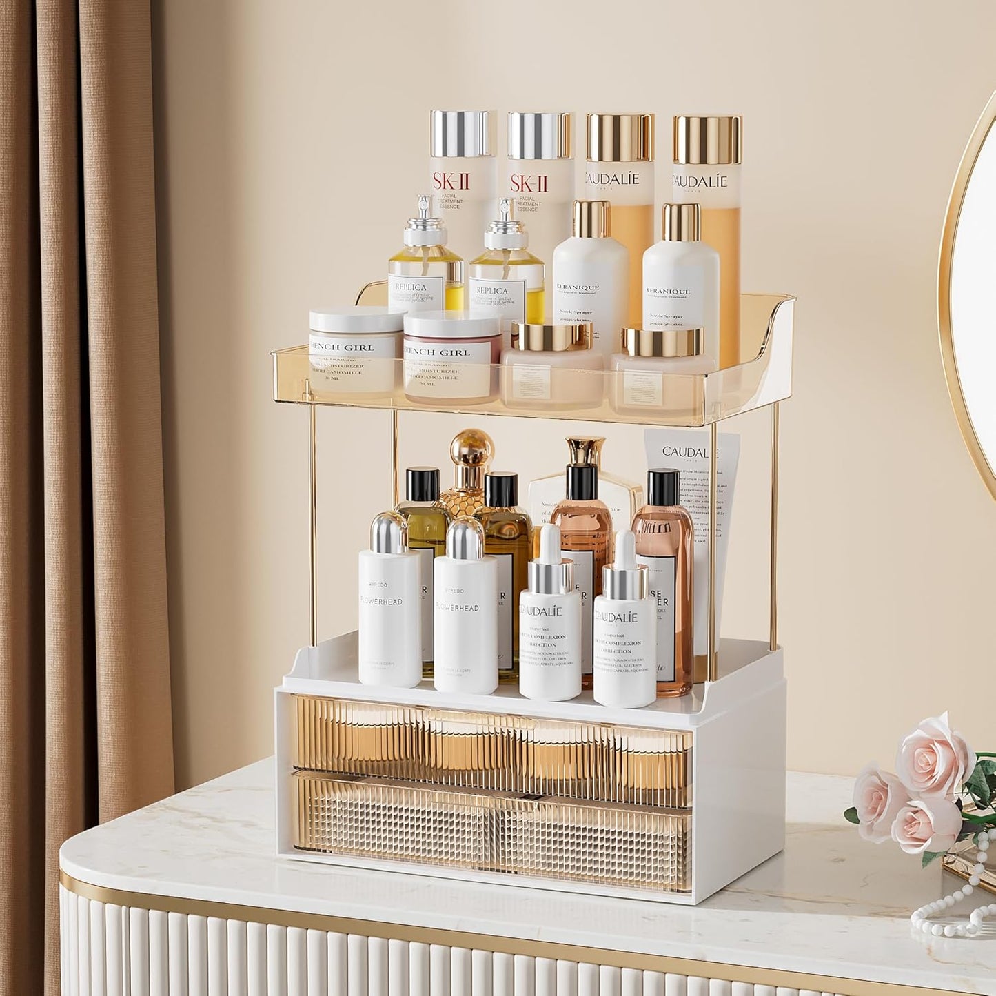 Delamu 2-Tier 2-Drawer Bathroom Counter Organizer, Multi-Purpose Makeup Organizer, Large Skincare Organizer, Amber