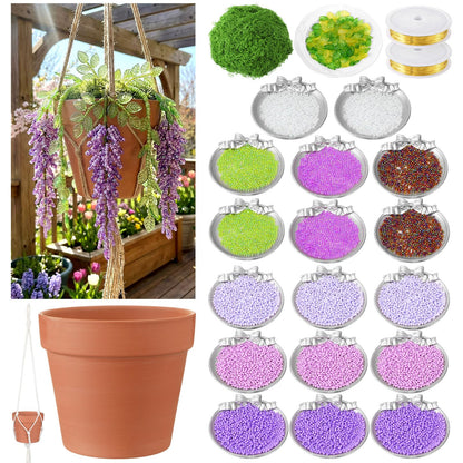 Potchen 13155 Pcs Wisteria Craft Beaded and 5 Inch Clay Pot Planter DIY Set, Glass Beads Plant Flower Making Kit with Artificial Moss Hanging Rope Purple Nature Series Colorful Crystal Leaf Jewelry