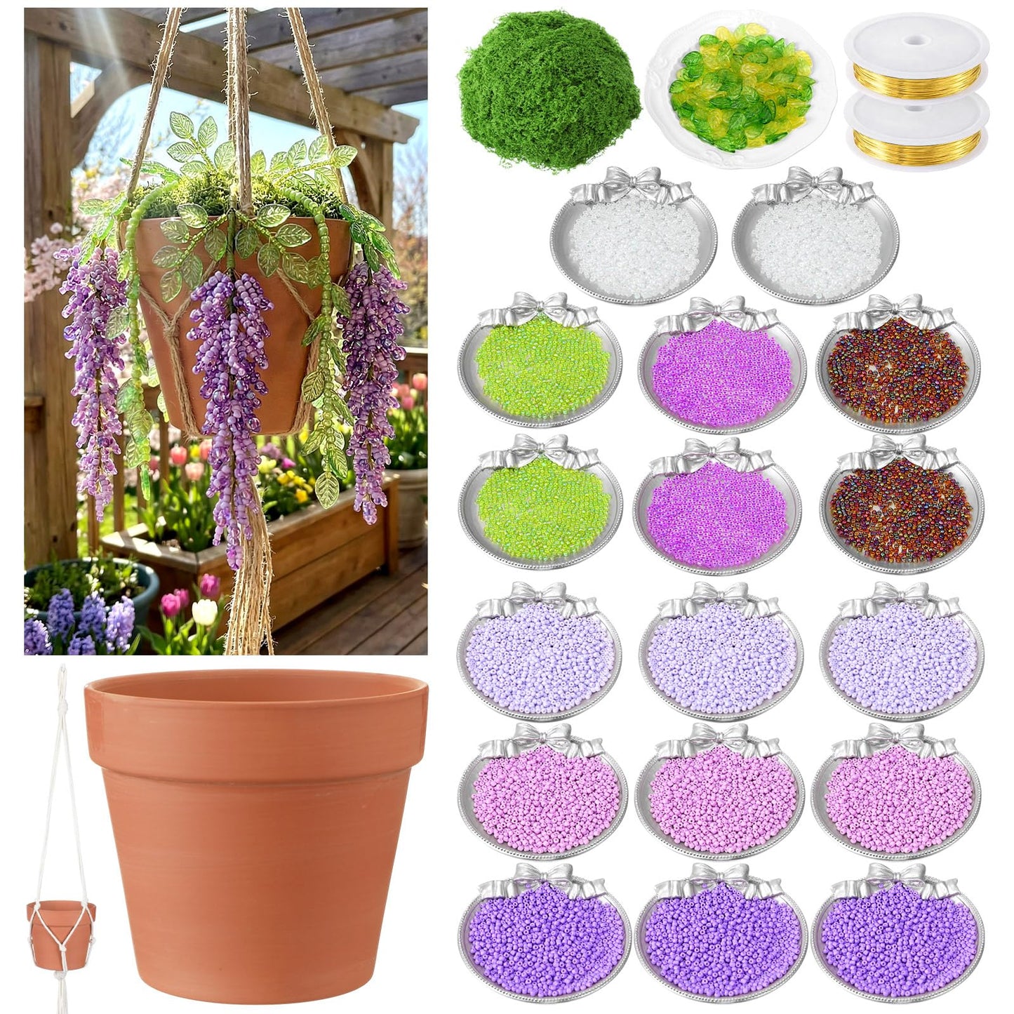Potchen 13155 Pcs Wisteria Craft Beaded and 5 Inch Clay Pot Planter DIY Set, Glass Beads Plant Flower Making Kit with Artificial Moss Hanging Rope Purple Nature Series Colorful Crystal Leaf Jewelry