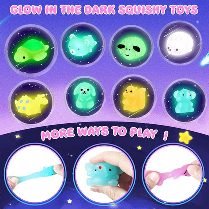 Valentines Day Gifts for Kids School, 32 Pack Cute Kawaii Mochi Squishy Toys Glow in The Dark with Animal Valentines Day Card, Fidget Squishy Toys for Classroom Class Exchange Party Favors