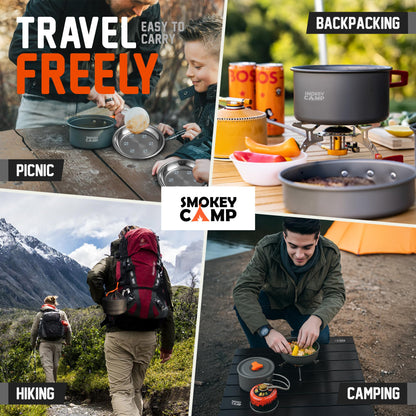 18 Pcs Smokey Camp Backpacking Cooking Set with Stove & Adapter - Pot, Pan, Kettle, Stove, Cutlery, Compact Camping Cookware Mess Kit, All in One Non-Stick Camping Cooking Set, Hiking, Picnic