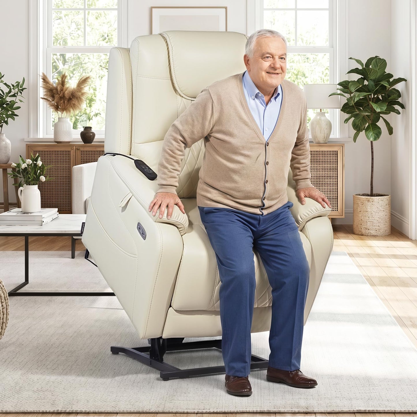 EONIX Triple Motor Lay Flat Power Lift Recliner Chair for Elderly with Massage, 400lbs Electirc Lift Chair for Living Room, Independent Adjustable Backrest Headrest, Extended Footrest, Cream White