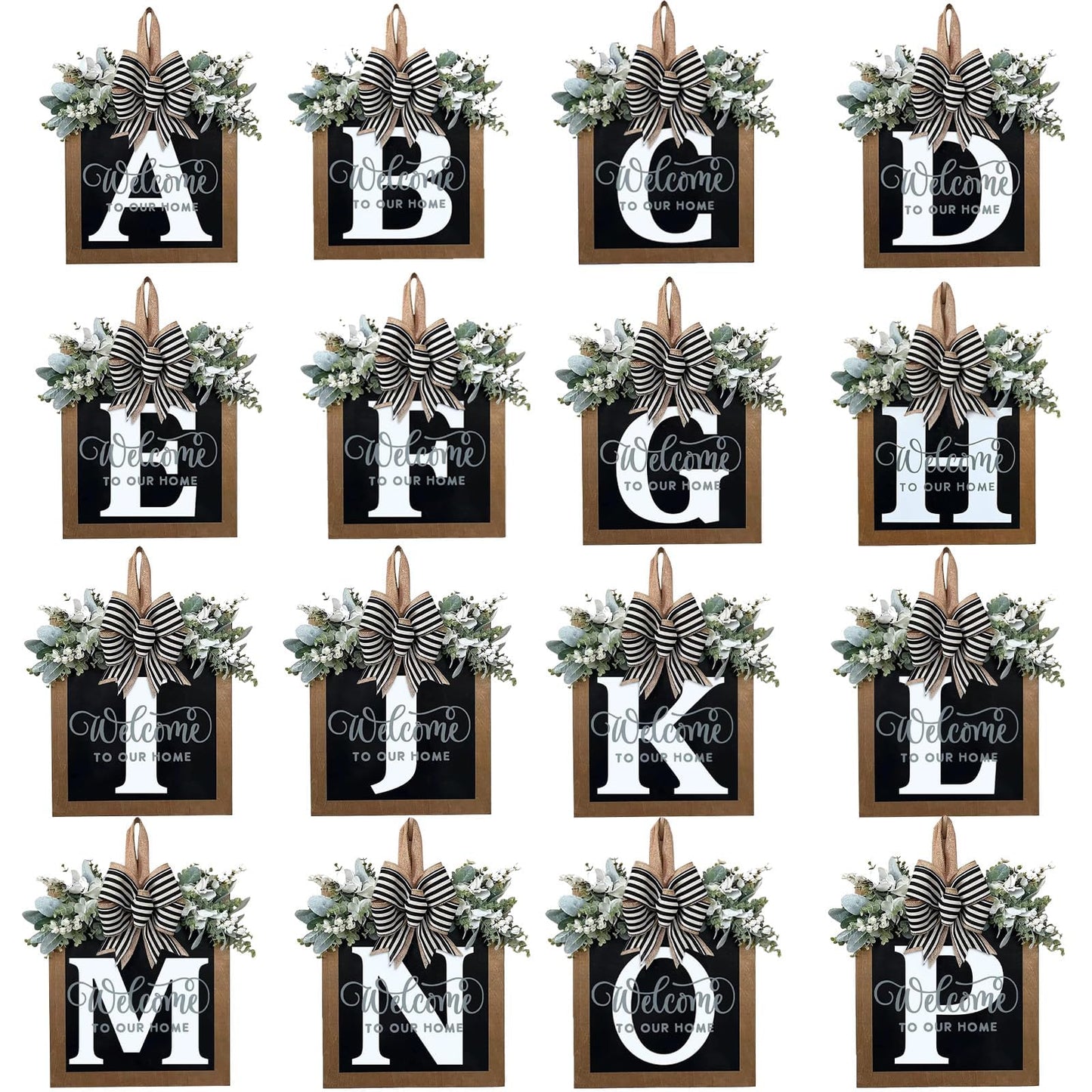 Last Name All Year Round Front Door Wreath with 26 Initial Letter Welcome Sign All Seasons Eucalyptus Garland and Bow ，Farmhouse, Porch, for Spring Summer Fall All Seasons Holiday Halloween Christmas.（P）