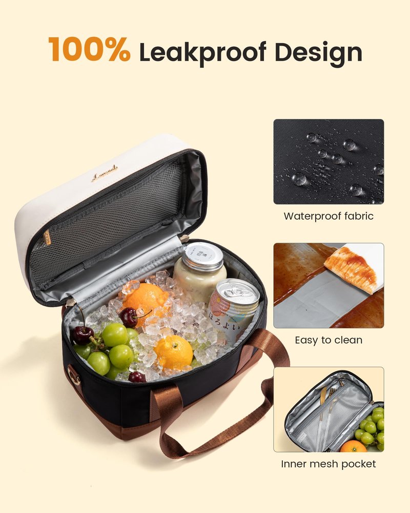 LOVEVOOK Insulated Lunch Box for Women Men, Reusable Lunch Bag with Large Capacity, Leakproof Cooler Lunch Tote for Work, Office, Outdoor Use, Black-beige-brown