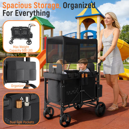 VELUVIA Wagon Stroller Outdoor for 2 Kids - Double Toddlers Stroller with Canopy & Removable Seat Pads, 2 Seater Push Pull Wagon One-Hand Fold, Shock-Absorbent Wheels & Safety Harness, Black