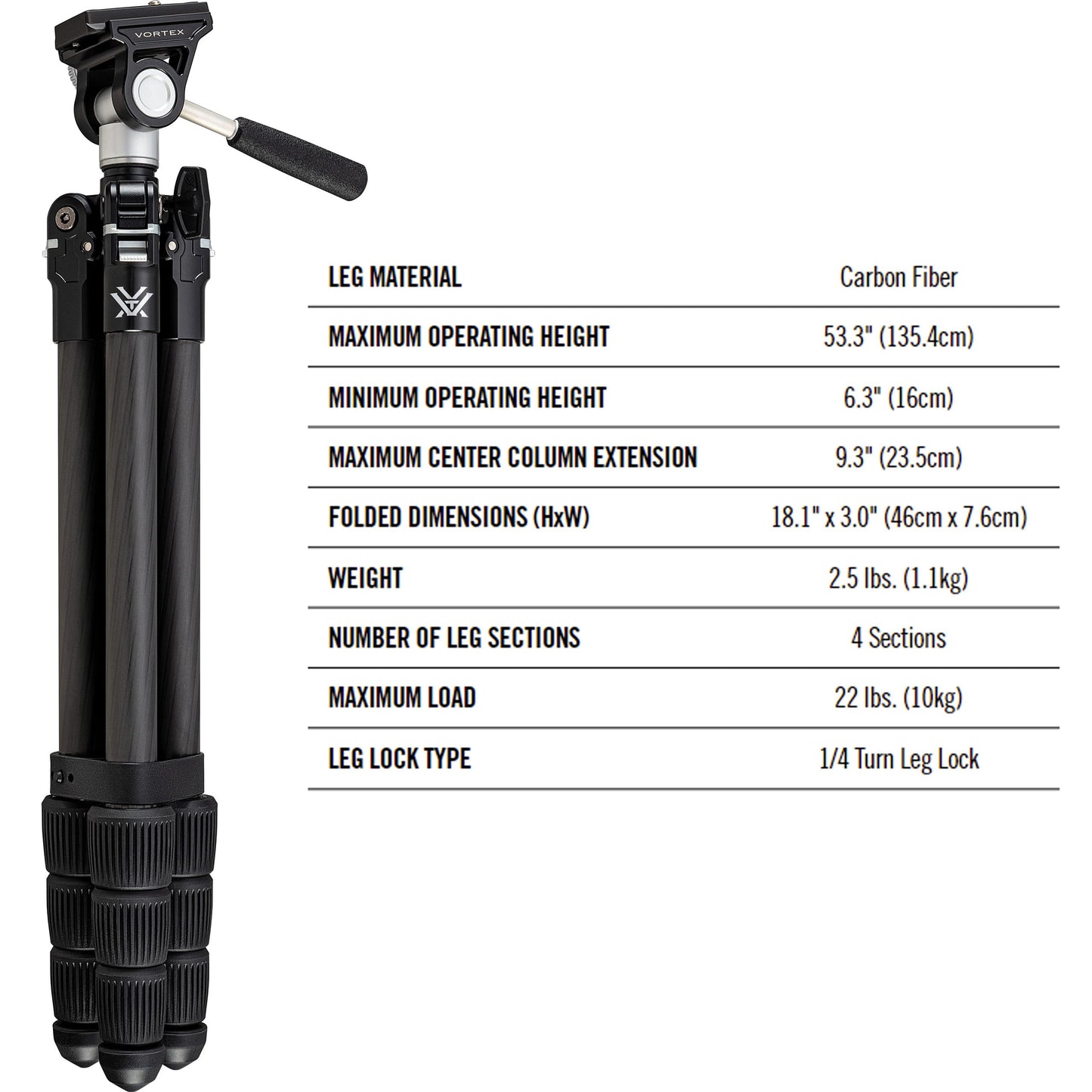 Vortex Optics Summit Carbon II Tripod Kit - Light Weight Design, Carbon Fiber Tripod, 2-Way Pan Head, 22 lb Max Load, Rubber Feet - Unlimited, Unconditional Warranty