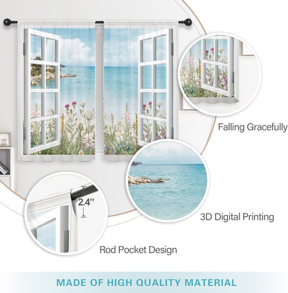 Riyidecor Ocean Beach Coastal Kitchen Curtains, Short Hawaiian Floral Scenery, 2 Panels 27.5Wx39H Inch
