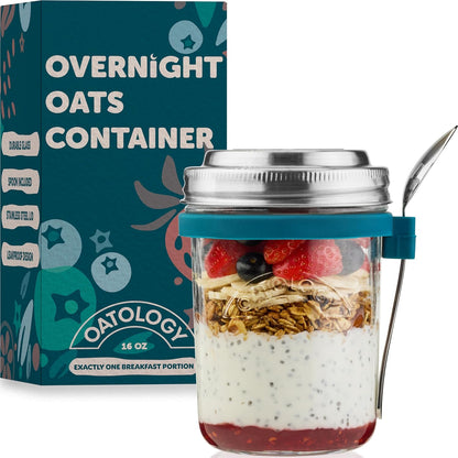 16oz 1 Pack Overnight Oats Jar with Spoon & Stainless Steel Lid - Leakproof Glass Oatmeal Container for Meal Prep