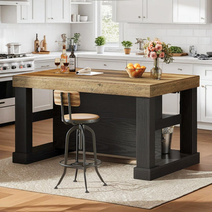 Tribesigns Kitchen Island with Storage, 55-Inch Farmhouse Stationary Island Table with Large Countertop, 3-Tier Wooden Center Bar Table for Kitchen, Dining Room, Black and Brown