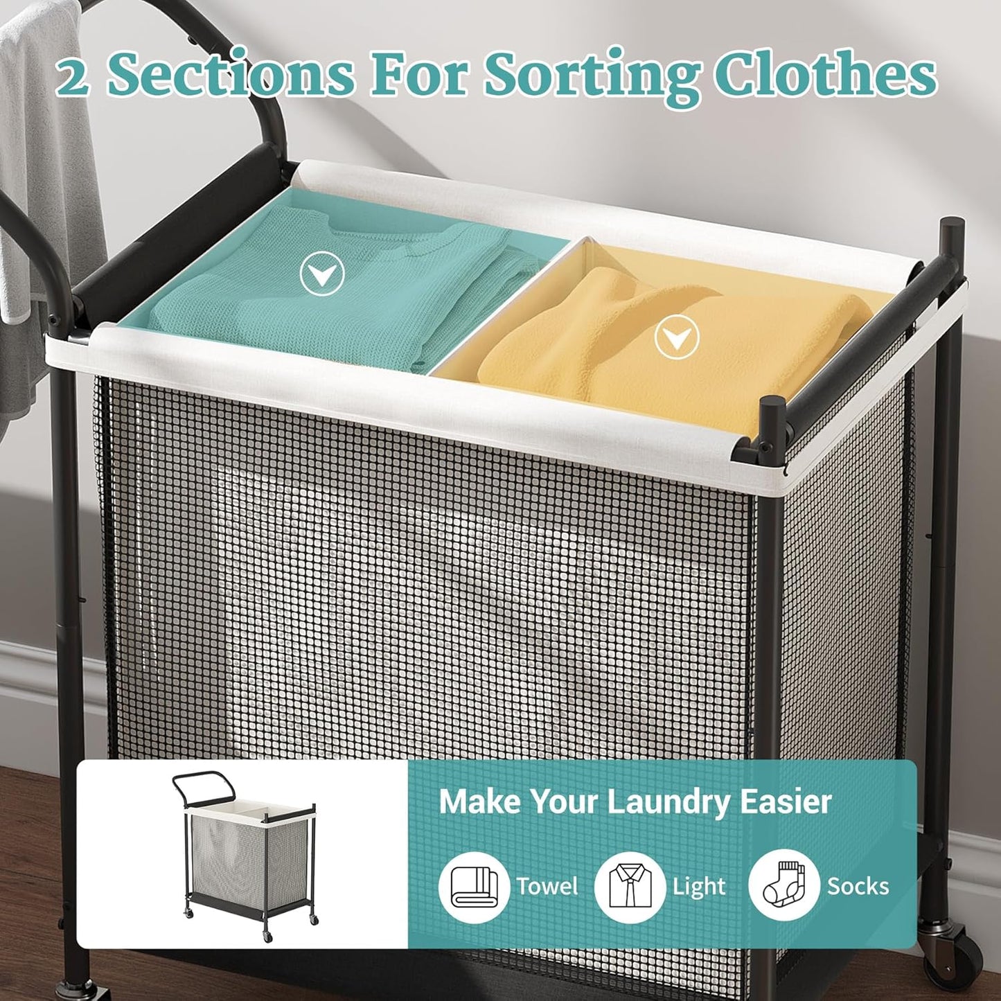 2 120L, Laundry Hamper with Wheels - Section Laundry Basket Removable Washable Bags, Height-Fitted Rolling Laundry Cart