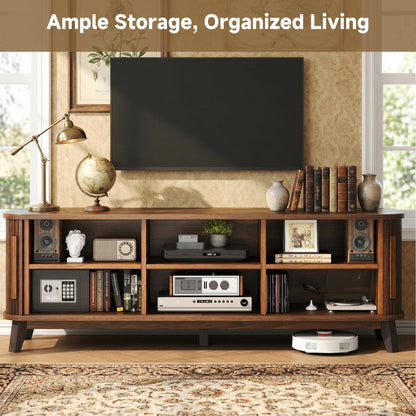 66" Mid Century Modern TV Stand, Wood Curved Entertainment Center for TVs up to 80" with Sliding Doors & Adjustable Shelves, Media Console with Storage & Solid Wood Leg for Living Room, Walnut