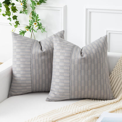 20x20, Set 2, Kevin Textile Grey and Beige Farmhouse Striped Patchwork Linen Decorative Throw Pillows Covers of Modern