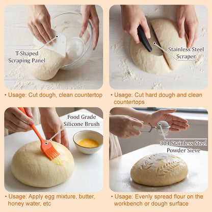 Complete Sourdough Starter Kit with 9" Round & 10" Oval Indonesian Rattan Proofing Baskets, Glass Mixing Bowl, Fermentation Cup, Bread Lame, Storage Bag, and other Tools for Homemade Bread Baking