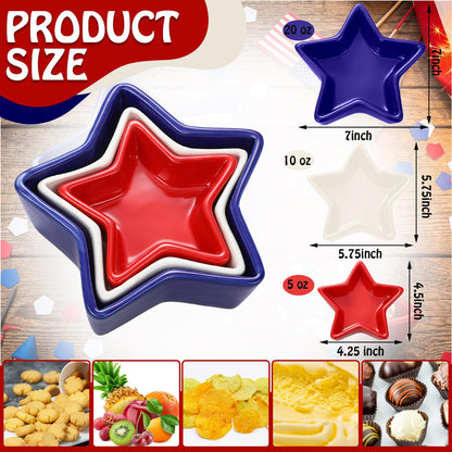 Yungyan 3 Pcs 4th of July Serving Bowls Red White Blue Patriotic Star Shaped Ceramic Nesting Prep Bowls Set 3-Size Serving Dishes for American Independence Day Memorial Day Summer BBQ Kitchen Dining