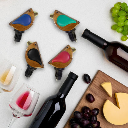 Songbird Specialties Wine Bottle Pourer, Fun Wine Pourer Spout Sings While It Pours, Airtight Wine Bottle Sealer, Acacia Wood with Turquoise Wings