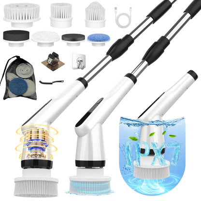 Electric Spin Scrubber, Dreazu IPX7 Shower Scrubber with 7 Replaceable Brush Heads & Retractable Handle, 2-Speed Adjustable Shower Cleaner for Bathroom,Toilet, Bathtub, Kitchen, Tile Floors