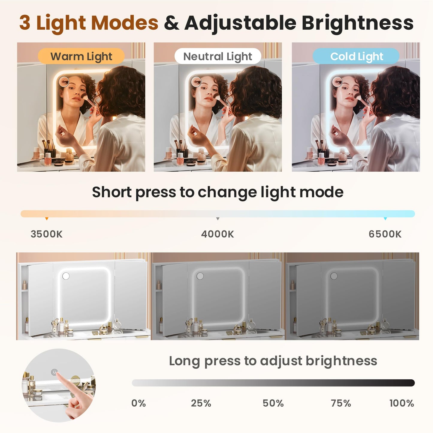Pamapic 11 Drawers Vanity Desk with Foldable Mirror, Glass Top Makeup Vanity with LED Lights, 3 Lighting Modes, Golden Handles Dressing Table with Chair and Power Outlet