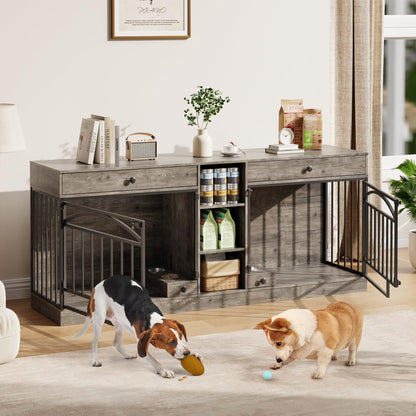 GarveeHome Dog Crate Furniture for 2 Dogs, Dog Kennel Indoor with Storage and Feeding Bowls, Double Dog Crate TV Stand for Small Medium Dogs, Grey