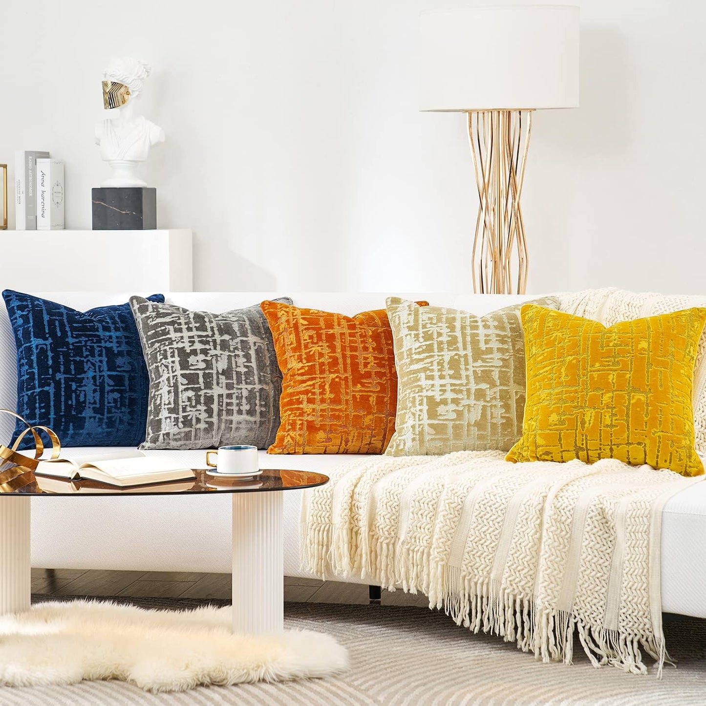 20x20 Inch Alerfa Square Geometrical Plaid Striped Cut Velvet Throw Pillow Cover Luxury Modern Decorative Accent Pillow