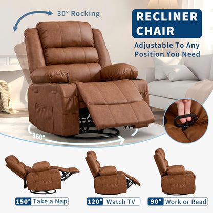 Rocking Recliner Chair for Adults PU Leather Wide Upholstered Glider Recliner with Cup Holder Deep Seat Single Sofa Rocker Chair for Nursery Living Room