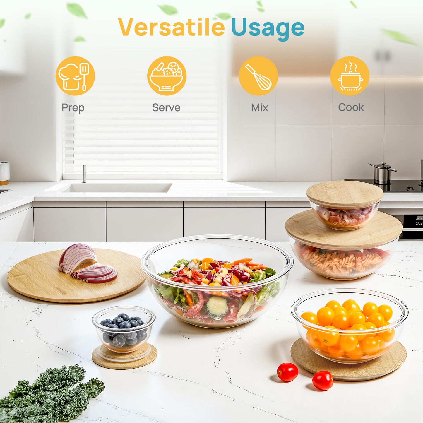 Vtopmart 5 Pack Glass Mixing Bowls with Bamboo Lids Set (3.75/2.1/1.1/0.5/0.2 QT), Salad Bowl Set, Nesting Kitchen Bowls for Serving, Prepping, Cooking and Baking, Dishwasher & Microwavable Safe