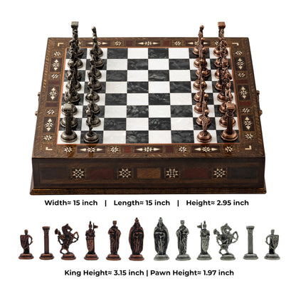 15’’ Handmade Wooden Chess Set with British Army Metal Pieces – Luxury Storage Board – Gift for Adults, Fathers & Collectors, Gift for Him (Black)