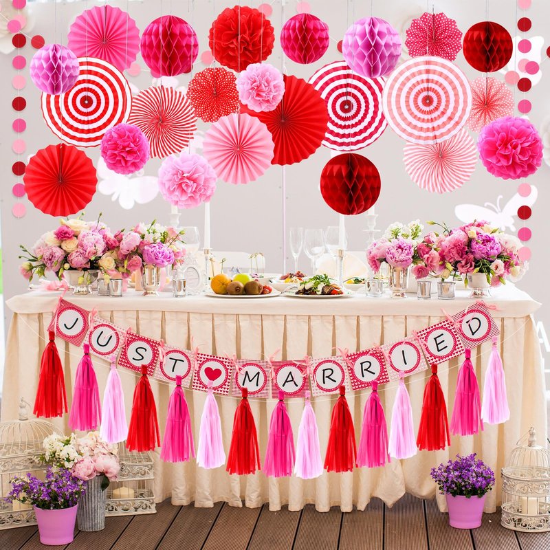 Epakh 50 Pcs Valentine's Day Decorations Paper Fans Valentine's Day Party Decoration Tassel Flowers Hanging Fans Garlands Red Pink Paper Poms Balls Streamer Decor for Wedding Birthday Bridal Shower