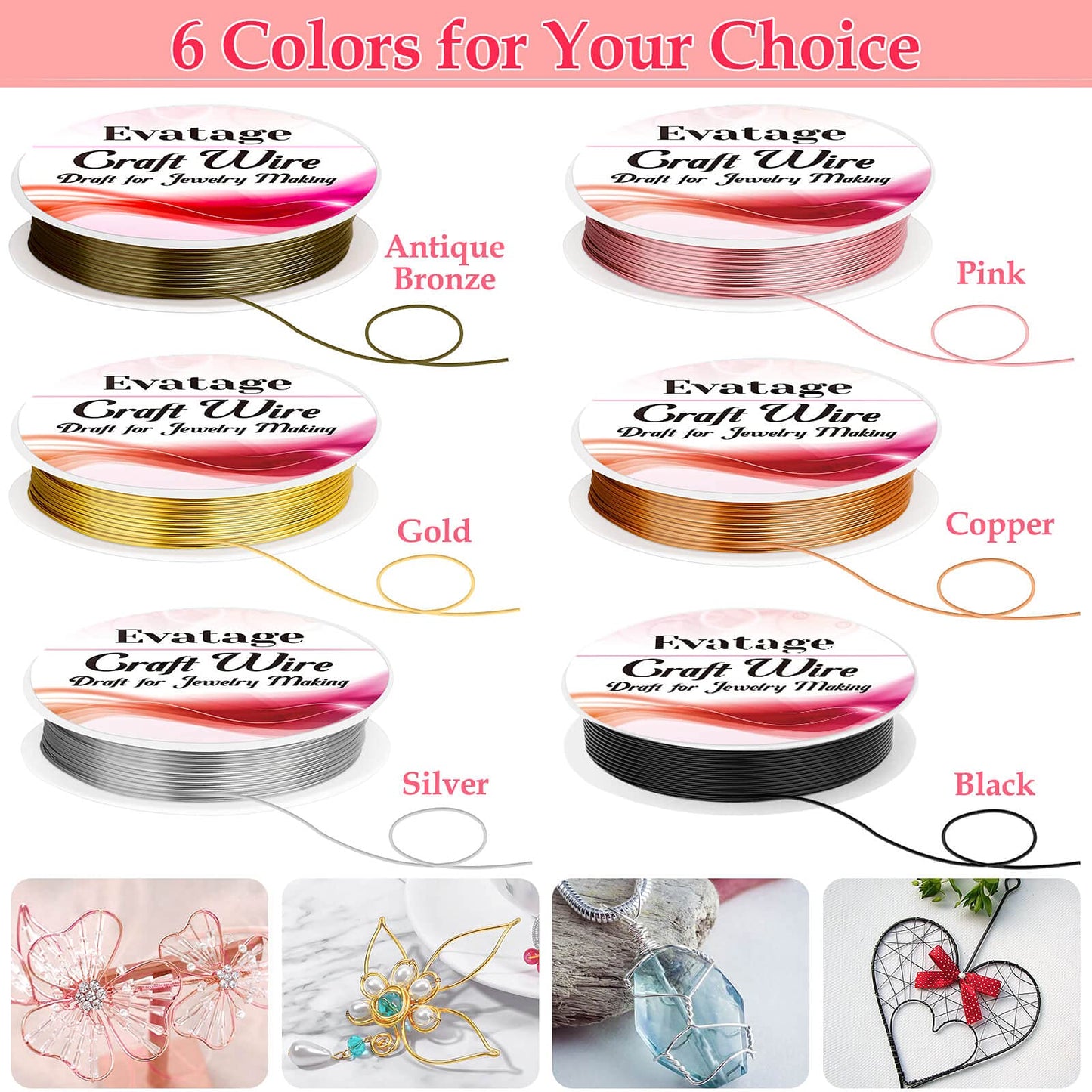 20 Gauge Jewelry Wire for Jewelry Making, Evatage 6 Rolls Craft Wire Tarnish Resistant Copper Beading Wire for Jewelry Making Supplies and Crafts
