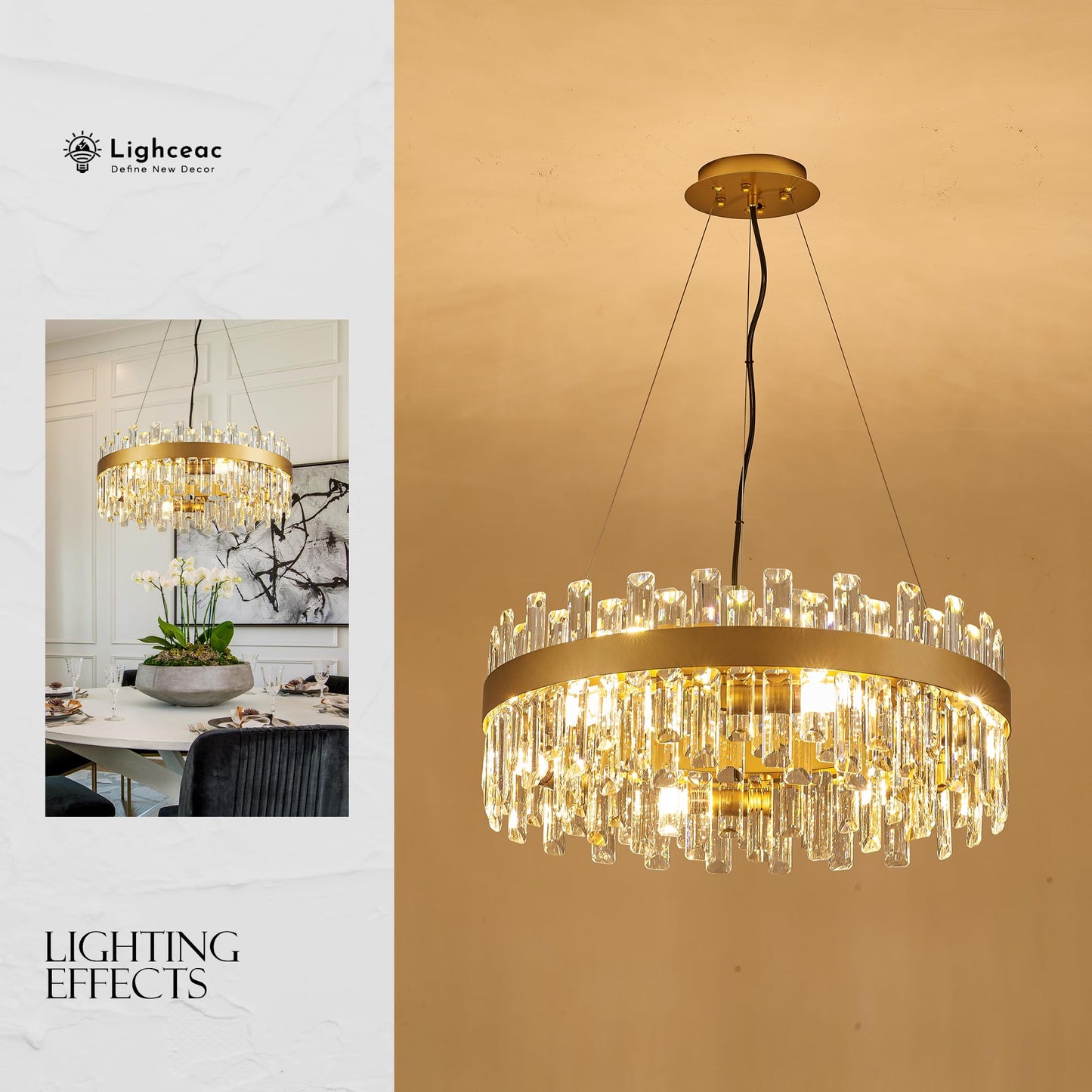 lighceac 21.7" Gold Modern Crystal Chandelier Light Fixtures Luxury 2 Rings Crystal Chandeliers for Dining Room 12-Light Round Hanging Pendant Lighting for Living Room Kitchen Island Entryway Bedroom