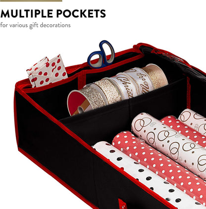 ZOBER Gift Wrapping Paper Organizer - 40" Storage for 24 Rolls with Pockets for Bows & Ribbons | Black/Red 600D Oxford