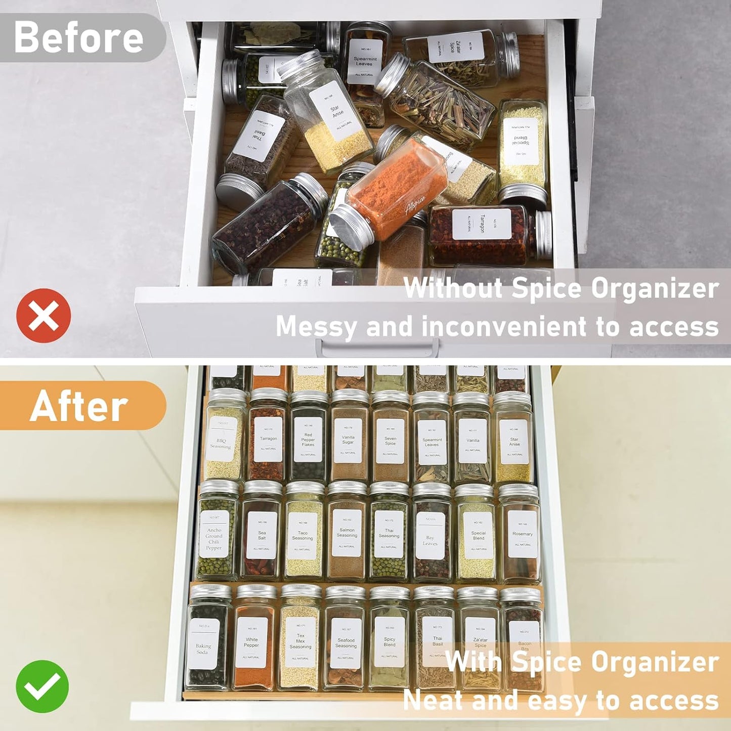 24 Jars,216 Labels,25 4 Drawers,Cabinets,Countertop,11" 15.8" Spice Drawer Organizer with Spice Non-slip Rubber, Bamboo