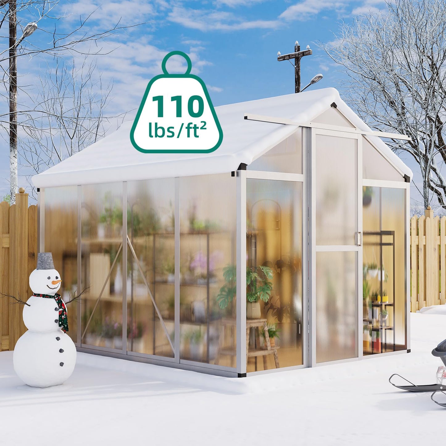 GAOMON Walk in Polycarbonate Greenhouse for Outdoors, 6 x 8 ft Backyard Greenhouse with Reinforced Aluminum Frame, Roof Vent, Lockable Door, Rain Gutter, Easy Assembly, Wood