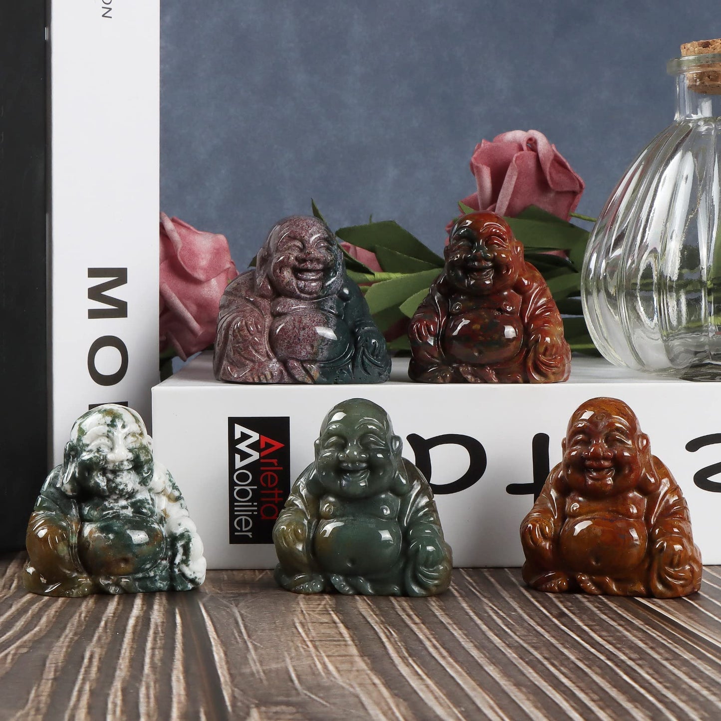 Artistone Crystals 2.0 inch Hand Carved Ocean Jasper Maitreya Buddha Figurine Healing Crystal Gemstone Seated Lucky Buddha Pocket Stone Home Decoration