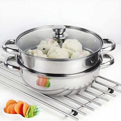 2-Tier 28cm 304 Stainless Steel Steamer Pot with Glass Lid,for Dumplings, Seafood, Veggie Stews & Homemade Soups