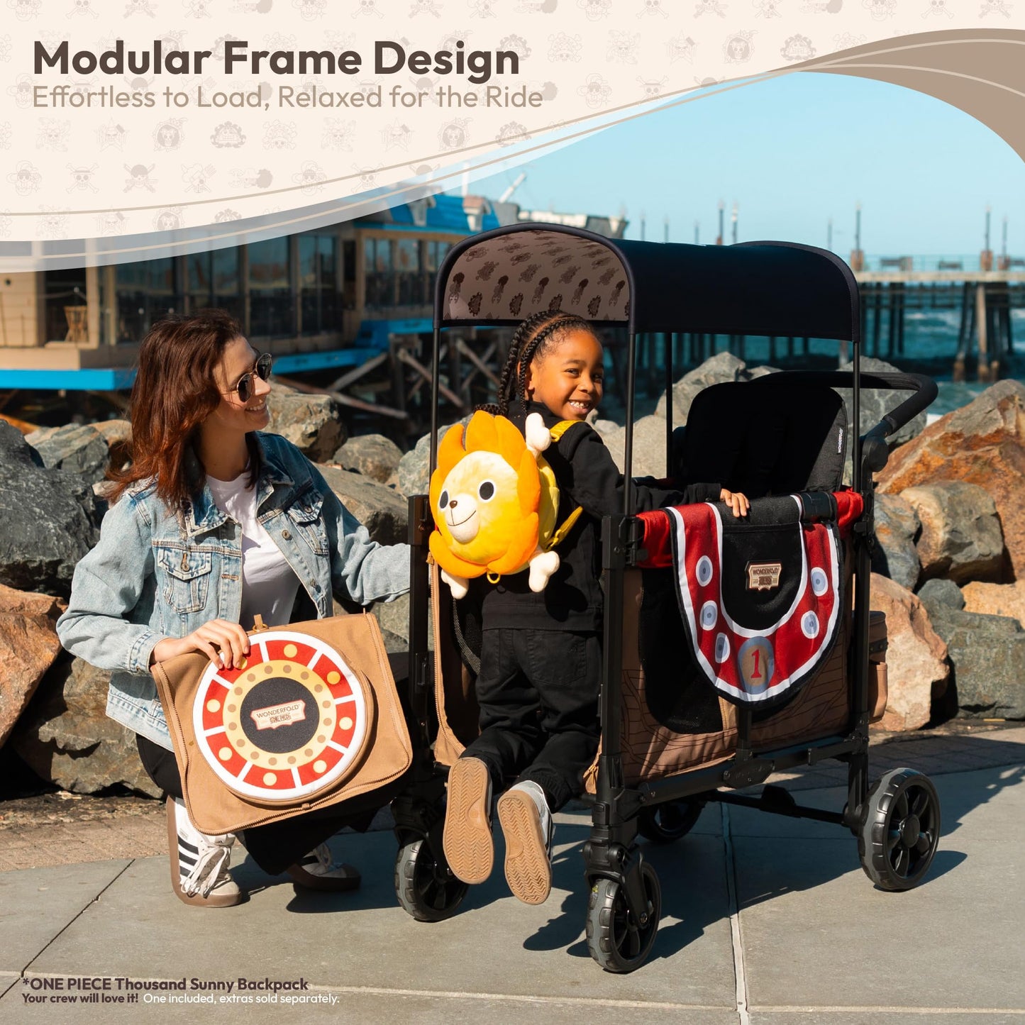 WONDERFOLD W2 Elite Pro Limited Edition ONE PIECE Thousand Sunny Stroller Wagon 2 Seater - Collapsible Wagon Stroller with Seats w/ 5-Point Harnesses, Easy Access Zipper Door, and Removable Sun Canopy