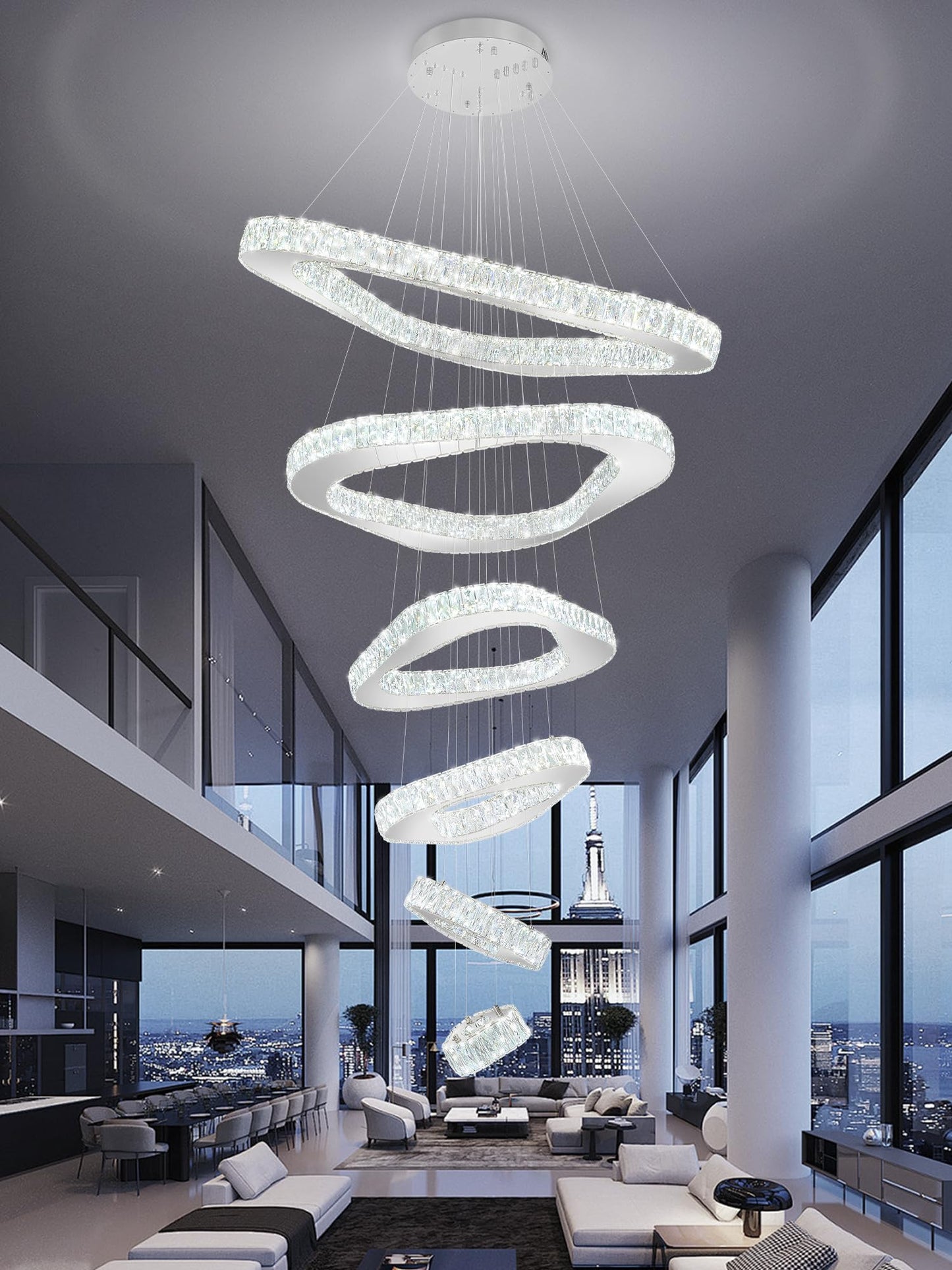 ykolupty H138 Modern Large Chandelier for High Ceiling 6-Rings Chandelier with LED Dimmable Crystal Ring Pendant Light High Ceiling Chandeliers for Living Room Foyer Entryway Silver Hanging Light