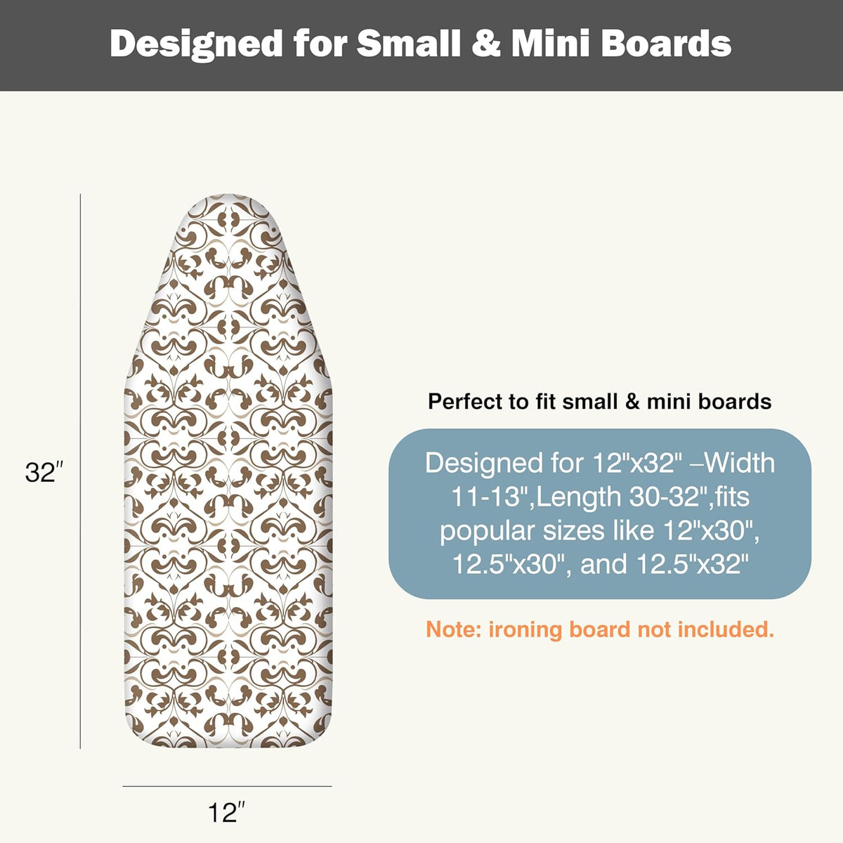 UniSimp Small Ironing Board Cover - Heat Resistant Cotton Canvas Pad | 12"x32" Taupe Design