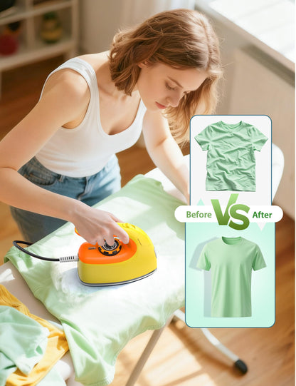 Sundu 1000W Mini Travel Steam Iron, Portable Small Iron for Quilting & Sewing, Non-Stick Soleplate, 300 Steam Holes, 90ml Tank, Safety Base & Digital Temperature Control-Yellow