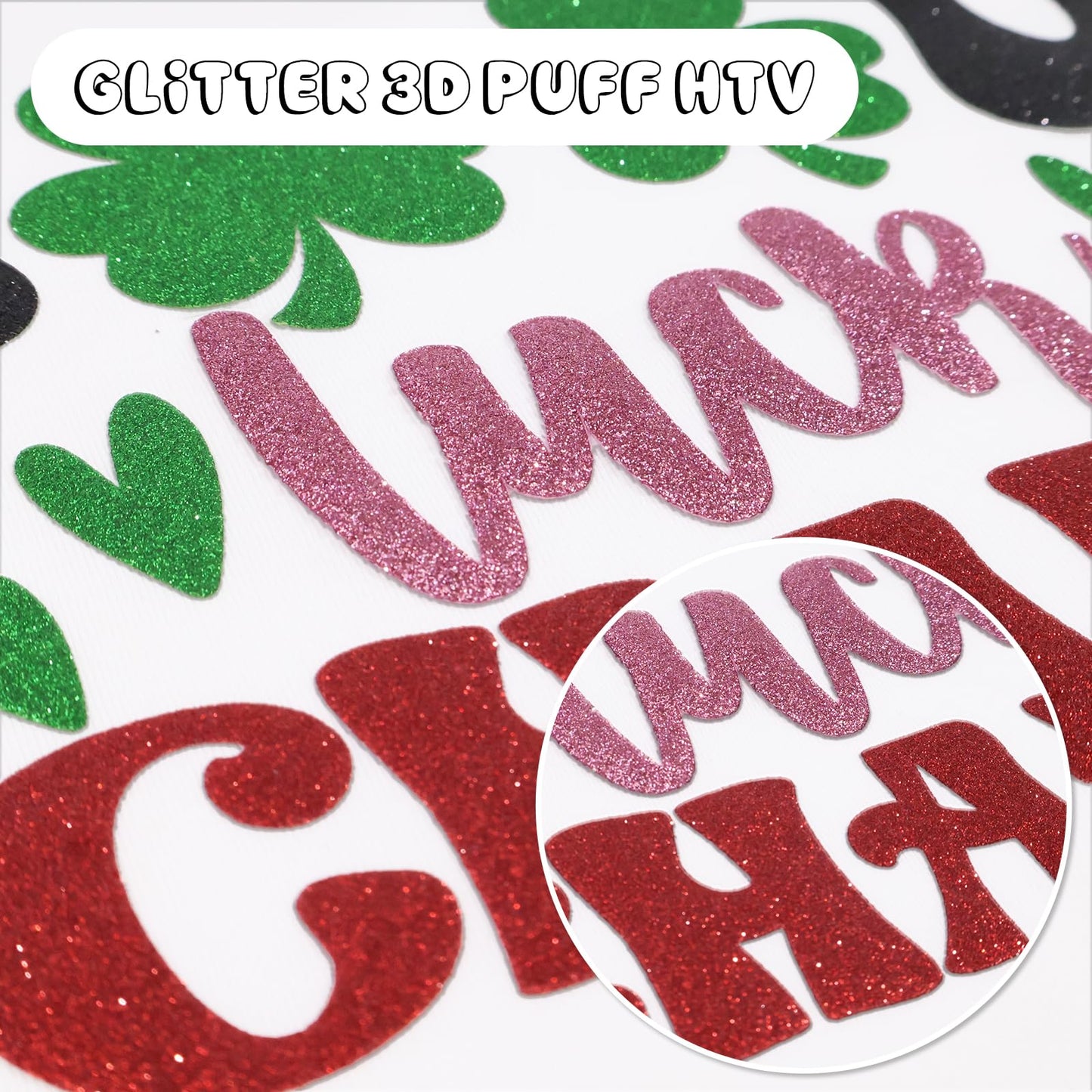 Yiwloer 3D Puff Glitter HTV, 6-Pack 12"x10" Sheets. Iron-On Vinyl for Fabrics, Compatible with Cricut & Cameo for Easy DIY T-Shirts & Crafts(Green Glitter Puff, 12" x 10")