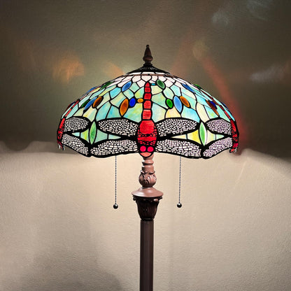 Capulina Tiffany Lamp Stained Glass Floor Lamp 2-Light 63 Inches Tall Industrial Dark Bronze Pole Fine Sky Dragonfly Tiffany Style Standing Floor Lamp for Living Room Bedroom Home Office