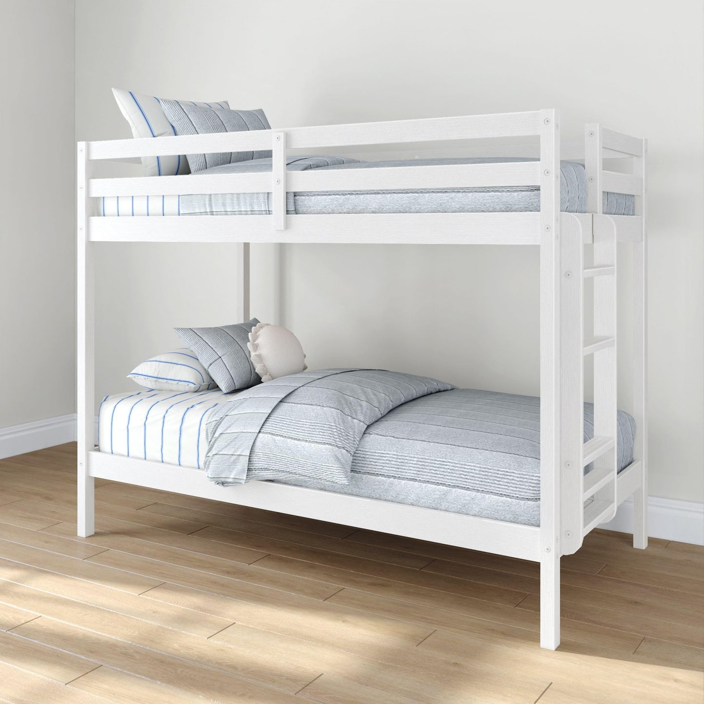 Grain & Grove Bear Twin Over Twin Bunk Bed, Sturdy Bunk Bed Frame for Kids, Plywood Bunk with Ladder, Guardrail, and Slats, No Box Spring Required, Brushed White